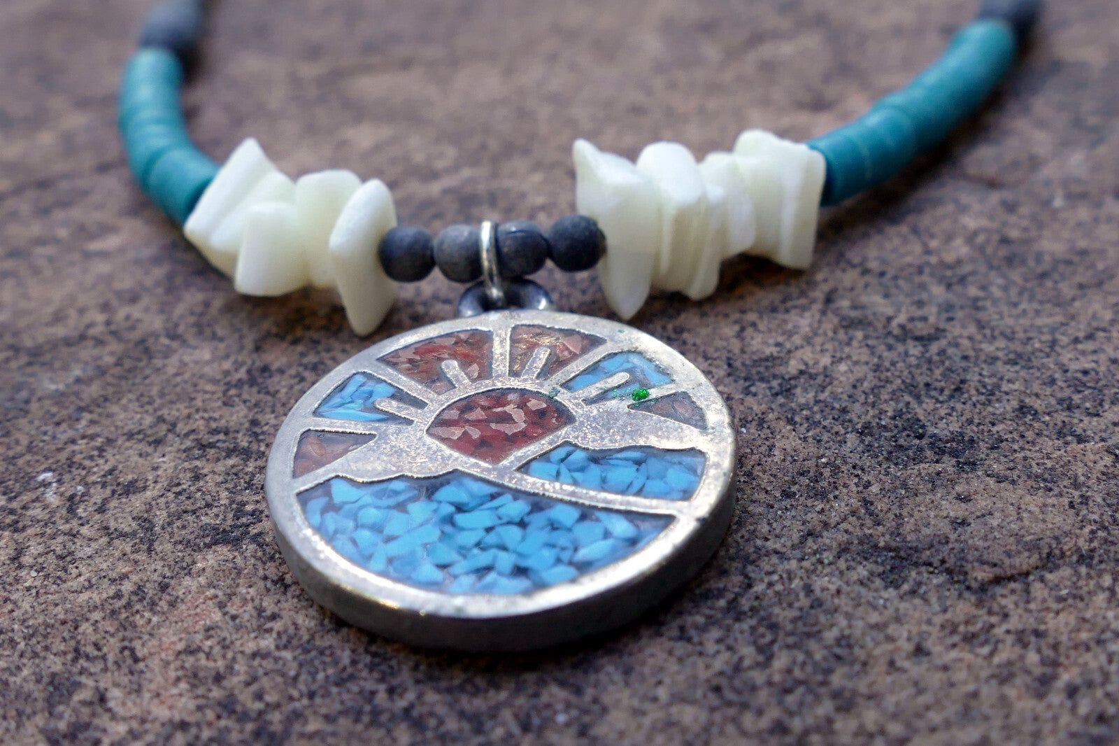 Sunrise Brooch Necklace With Inlaid Blue and Red Stones Crushed Tourquise Navajo