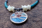 Sunrise Brooch Necklace With Inlaid Blue and Red Stones Crushed Tourquise Navajo