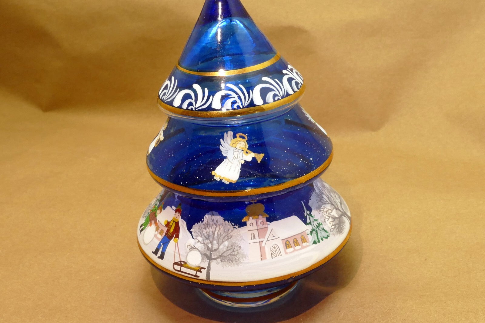 5" Hand Blown Glass Christmas Scene trinket box painted blue