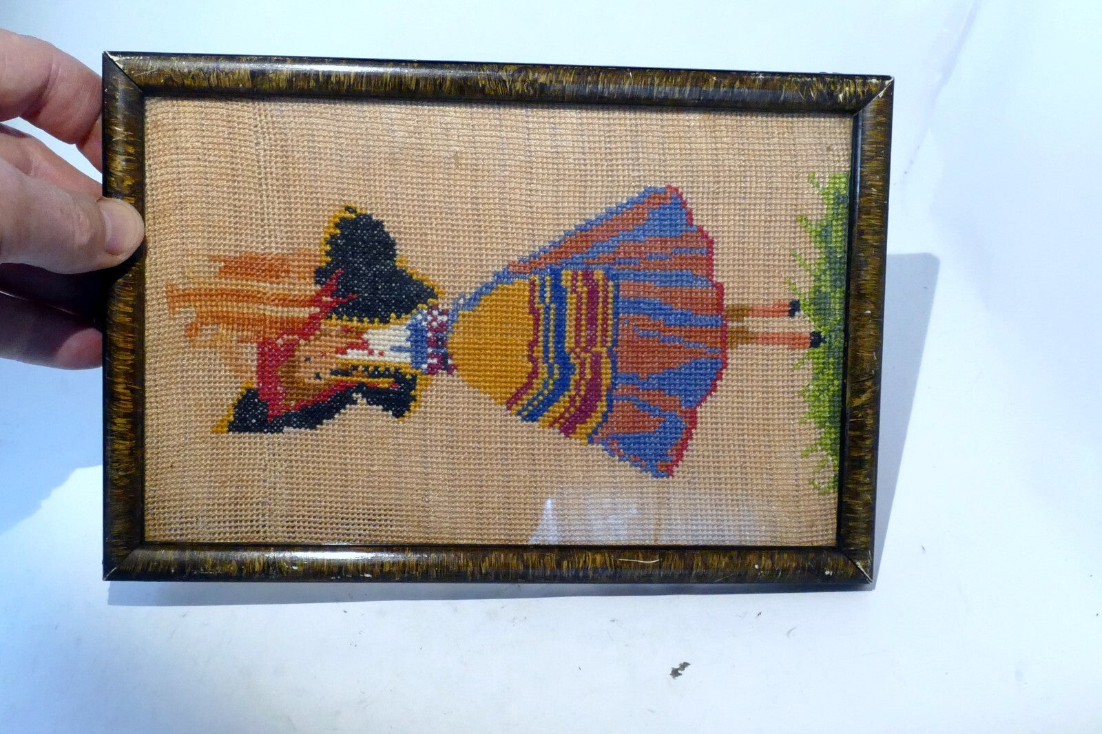 5X8" Vintage Girl Carrying Jug with Water Finished & Framed  Needlepoint