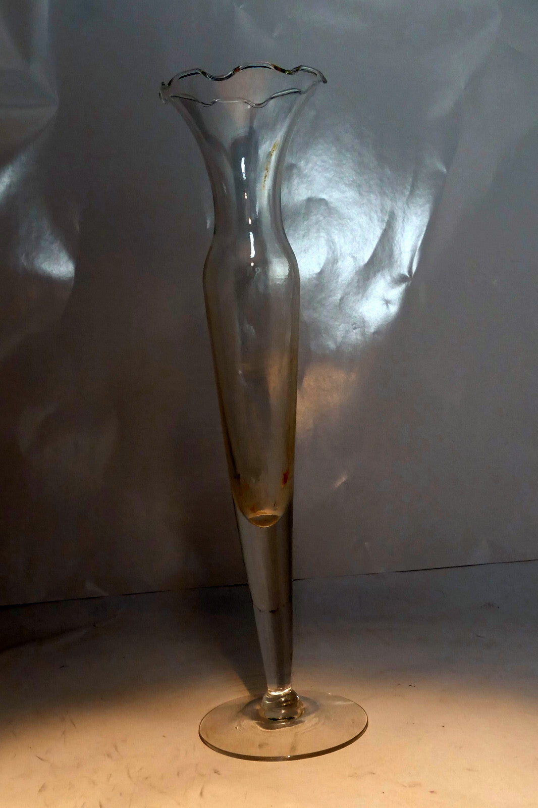 MCM Floral Etched Glass Footed 10" Bud Vase Ruffled Top - vintage