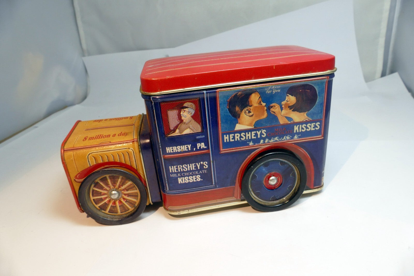 Hershey's Chocolate Kisses Collectible Vintage Milk Truck Tin with wheel lid