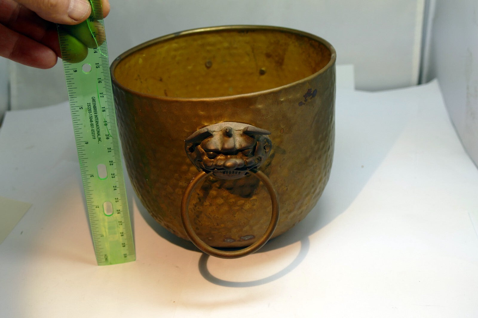 Brass Gold Colored Spittoon Hong Kong Lion 5.5" Hand Hammered Fu Dogs Head