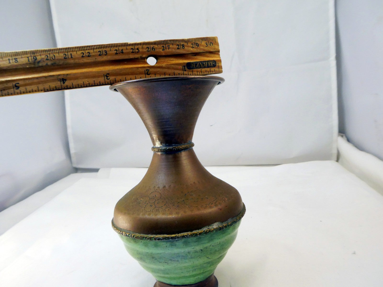 Solid Brass Vase engraved Green Floral design 6" tall east Asian handmade