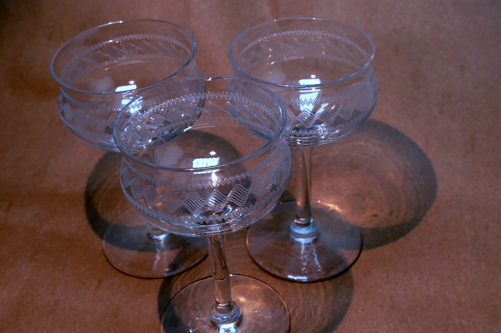 Set of 3 Fostoria Wave Needle Etched 4 1/3" Handled Goblets Cordial crystal lot