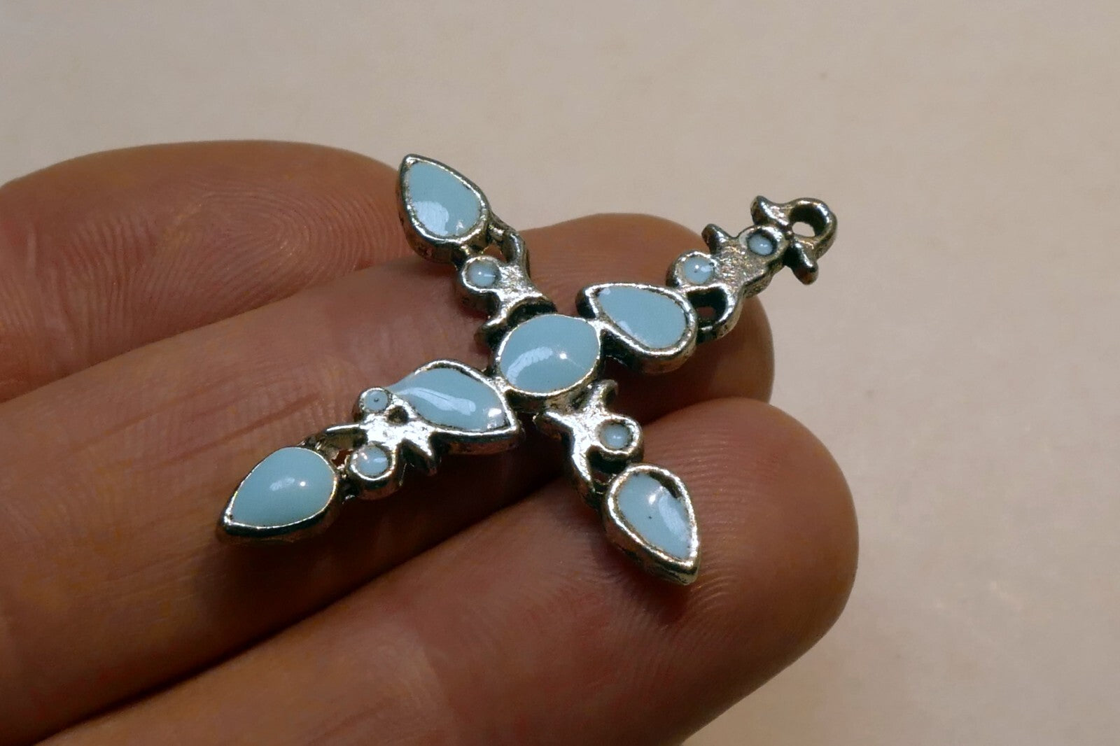 Metal Crucifix Cross Pendant Blue Moon stone torquoise tone 1.5"