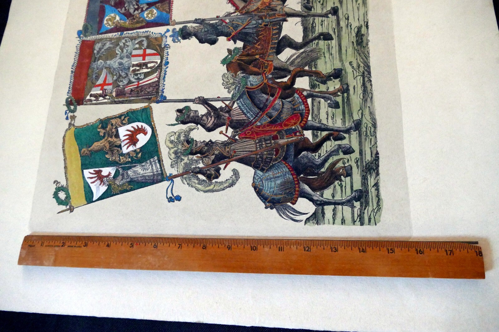 KNIGHT Flag Bearer HAND COLORED ENGRAVING large 21X24"