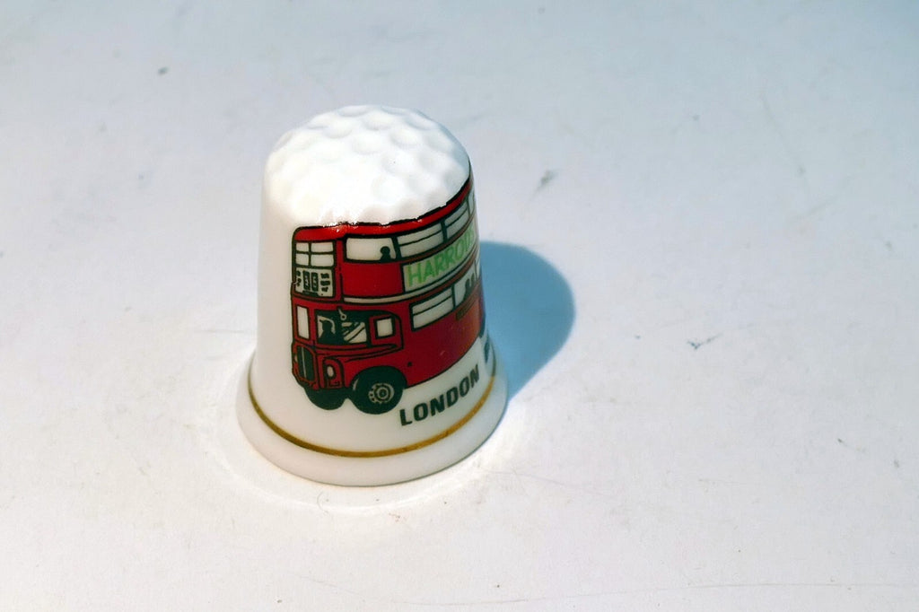 Porcelain Thimble Souvenir  London UK England Bus Red Harrods