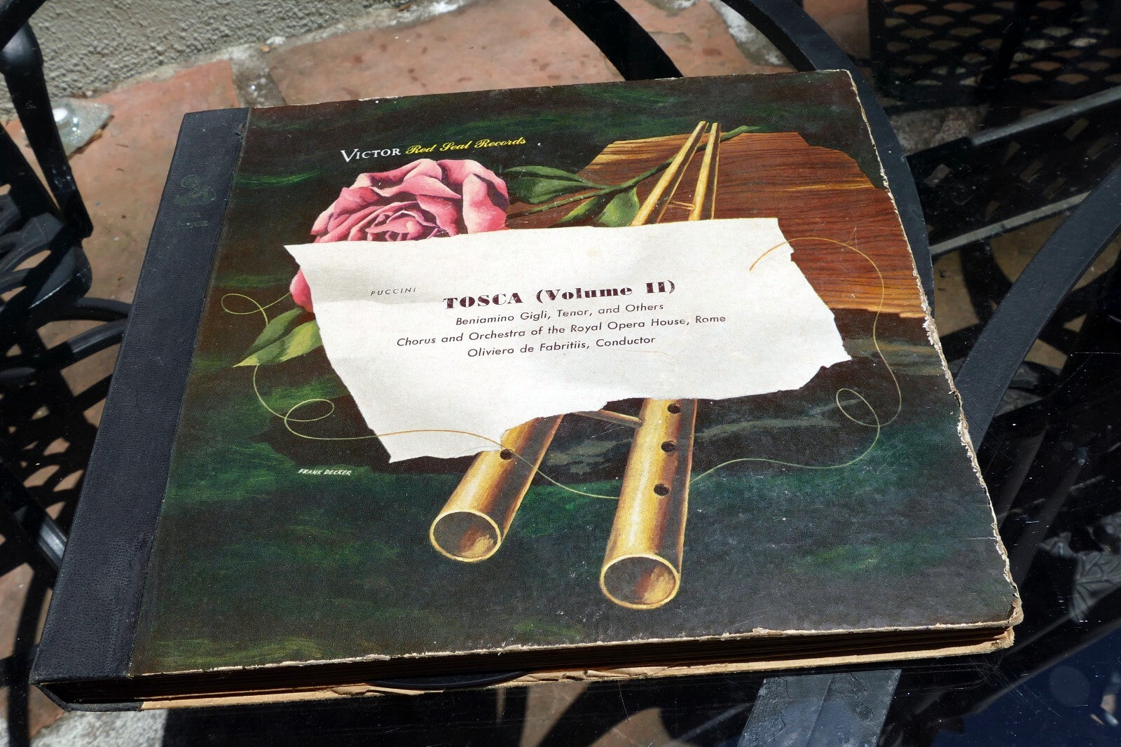 Set of 7 vintage 12-inch 78 RPM Tosca Volume II vinyl records by Puccini, featuring Gigli and conducted by Fabritiis