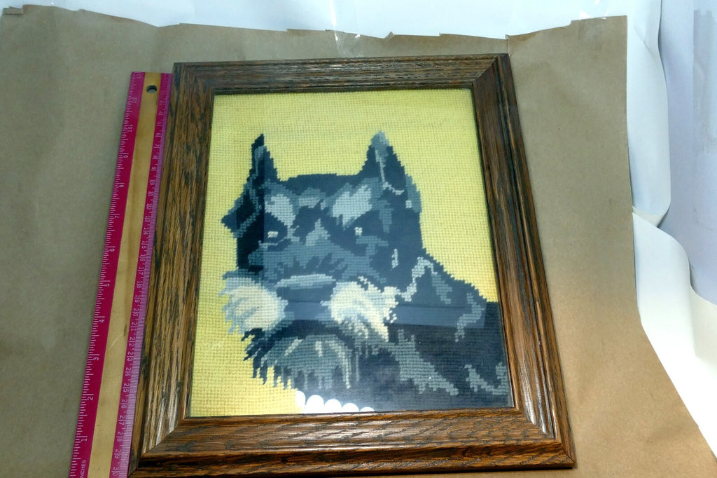 Dog Schnauzer Yarn Needlepoint Embroidered Picture Wall Art 8X10" Framed