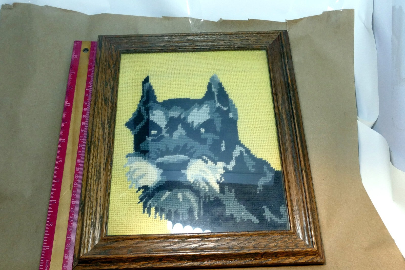 Dog Schnauzer Yarn Needlepoint Embroidered Picture Wall Art 8X10" Framed