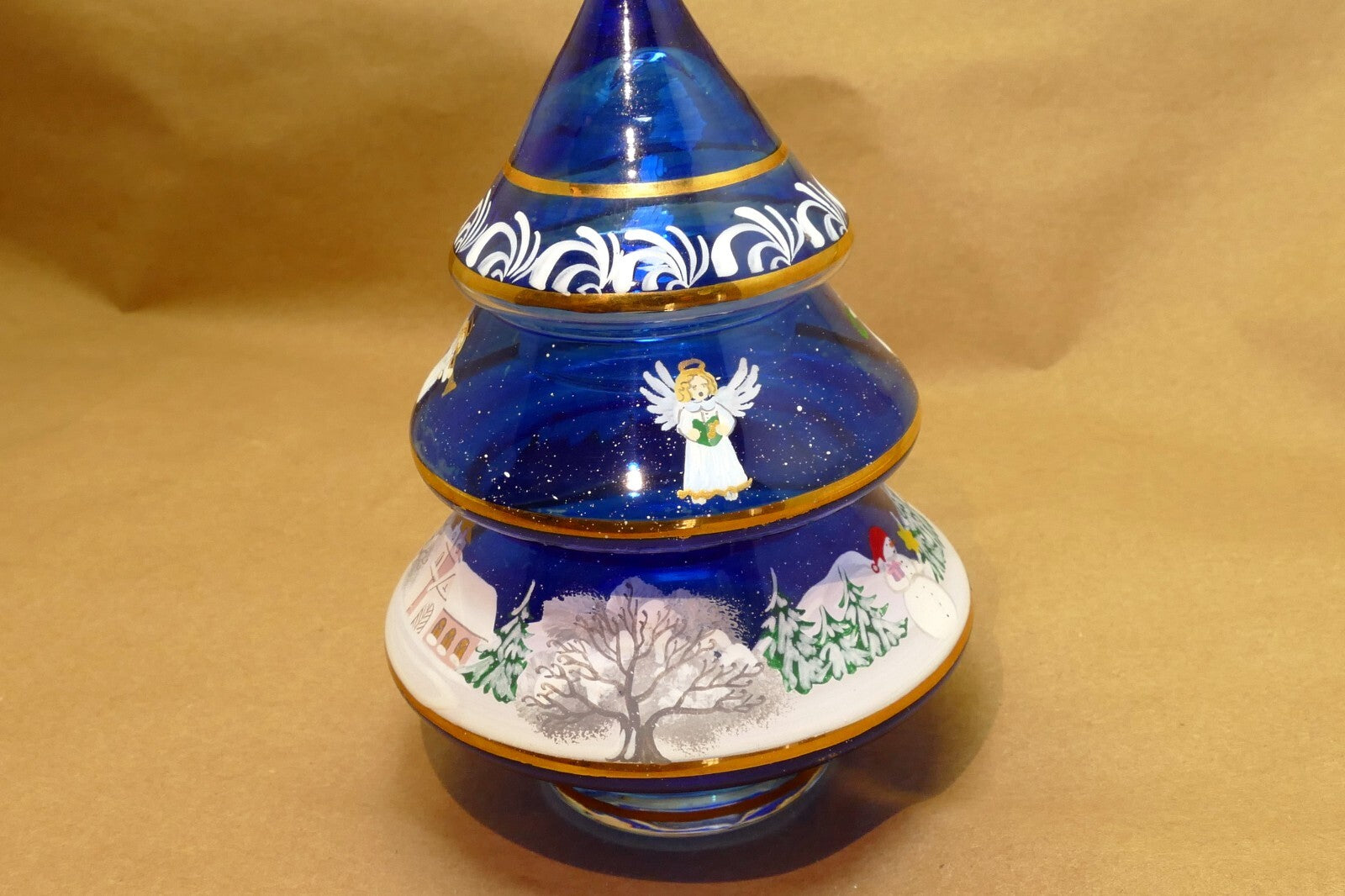 5" Hand Blown Glass Christmas Scene trinket box painted blue