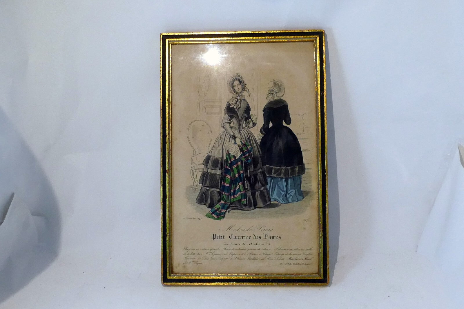 French Antique 1843 Hand coloured engraving Petit Courier des Dames Paris print