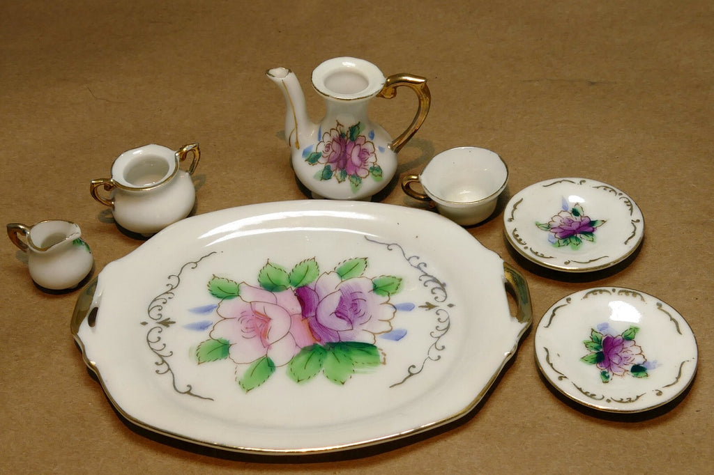 MINIATURE  CHINA VIOLETS FLOWERS PORCELAIN Tea Set JAPAN 7X11cm FLORAL DESIGN