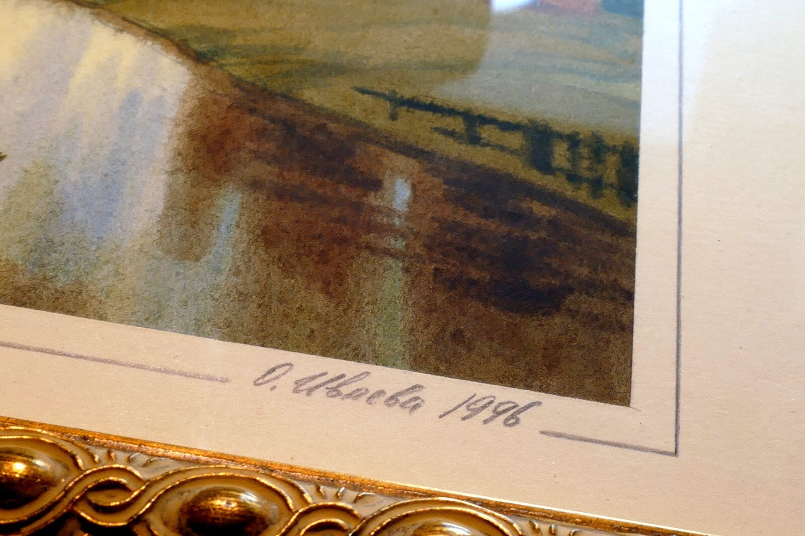 Olga Ivleva Watercolor Signed Russia village river church Art framed