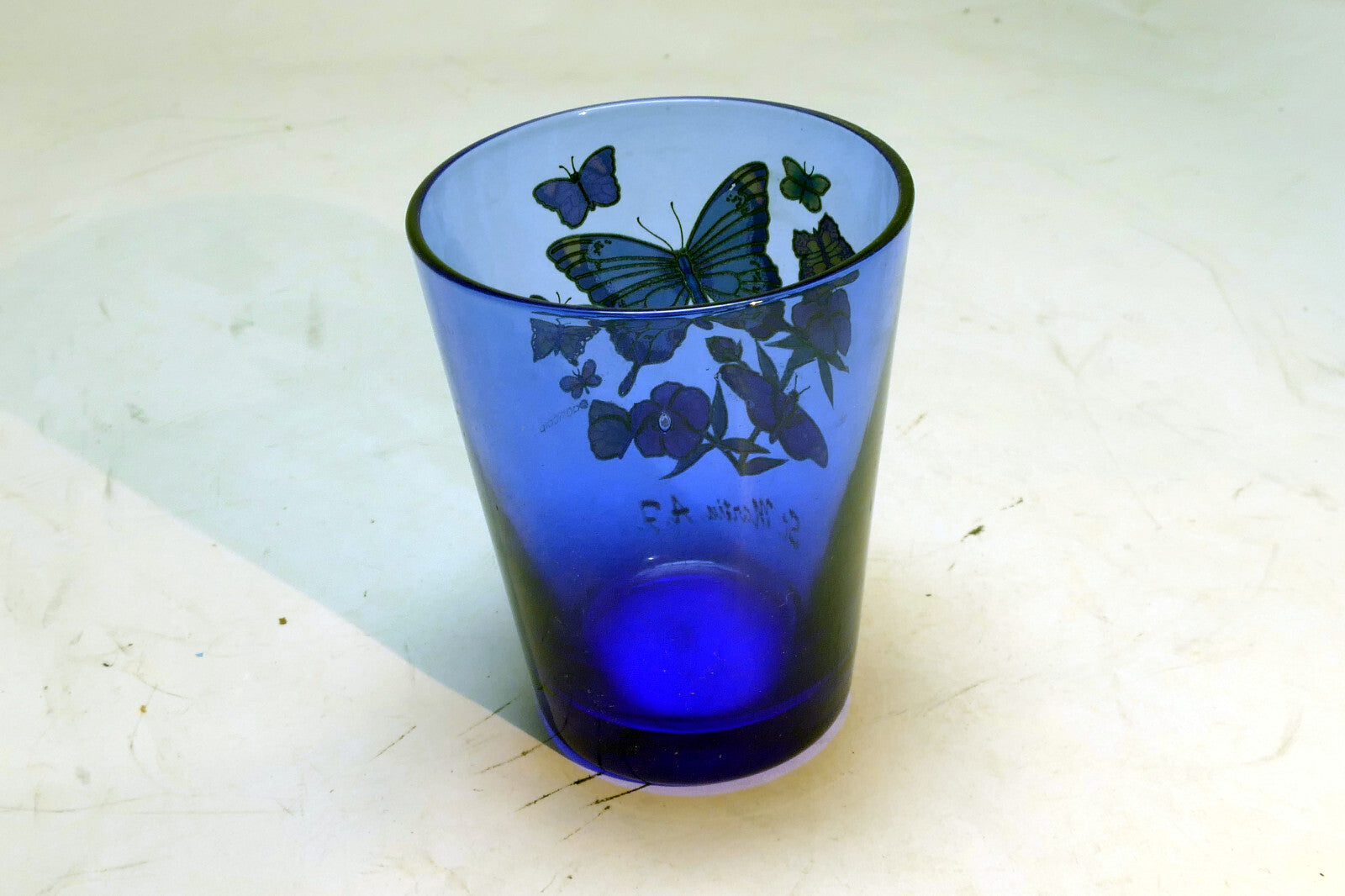 ST. MARTIN A.F. Shot Glass 2 oz with Butterflies Blue glass