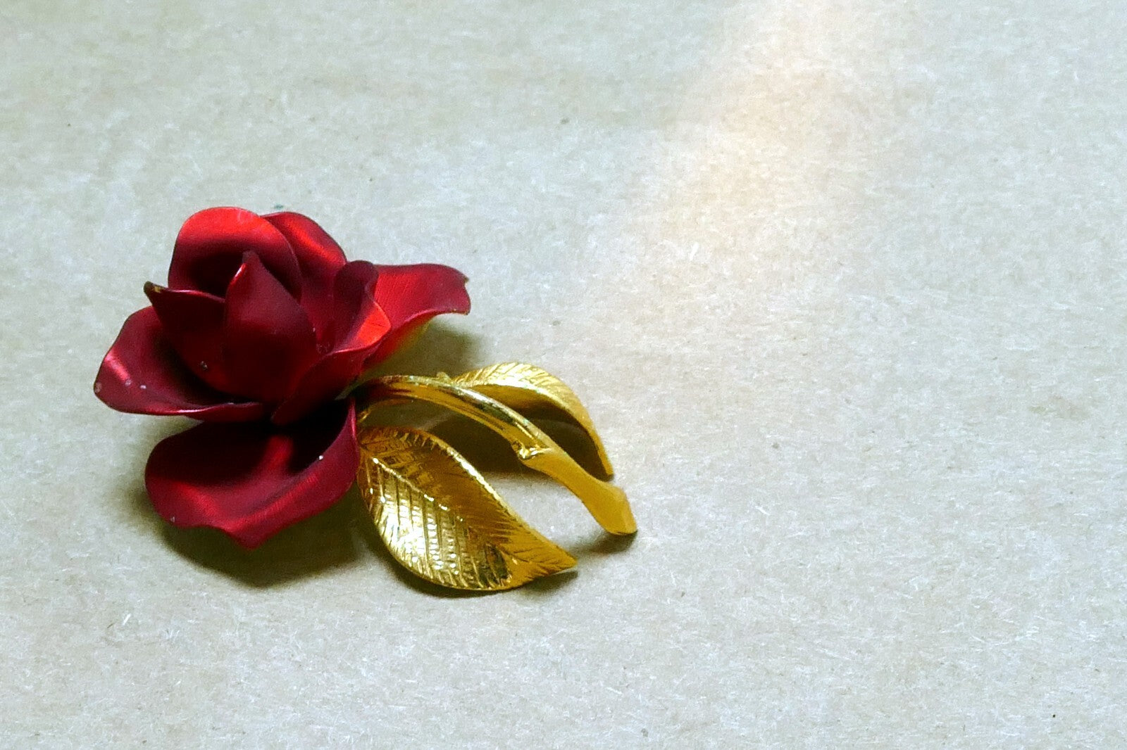 Vintage RED Rose Brooch Pin Brooch 2" long gold tone leaves