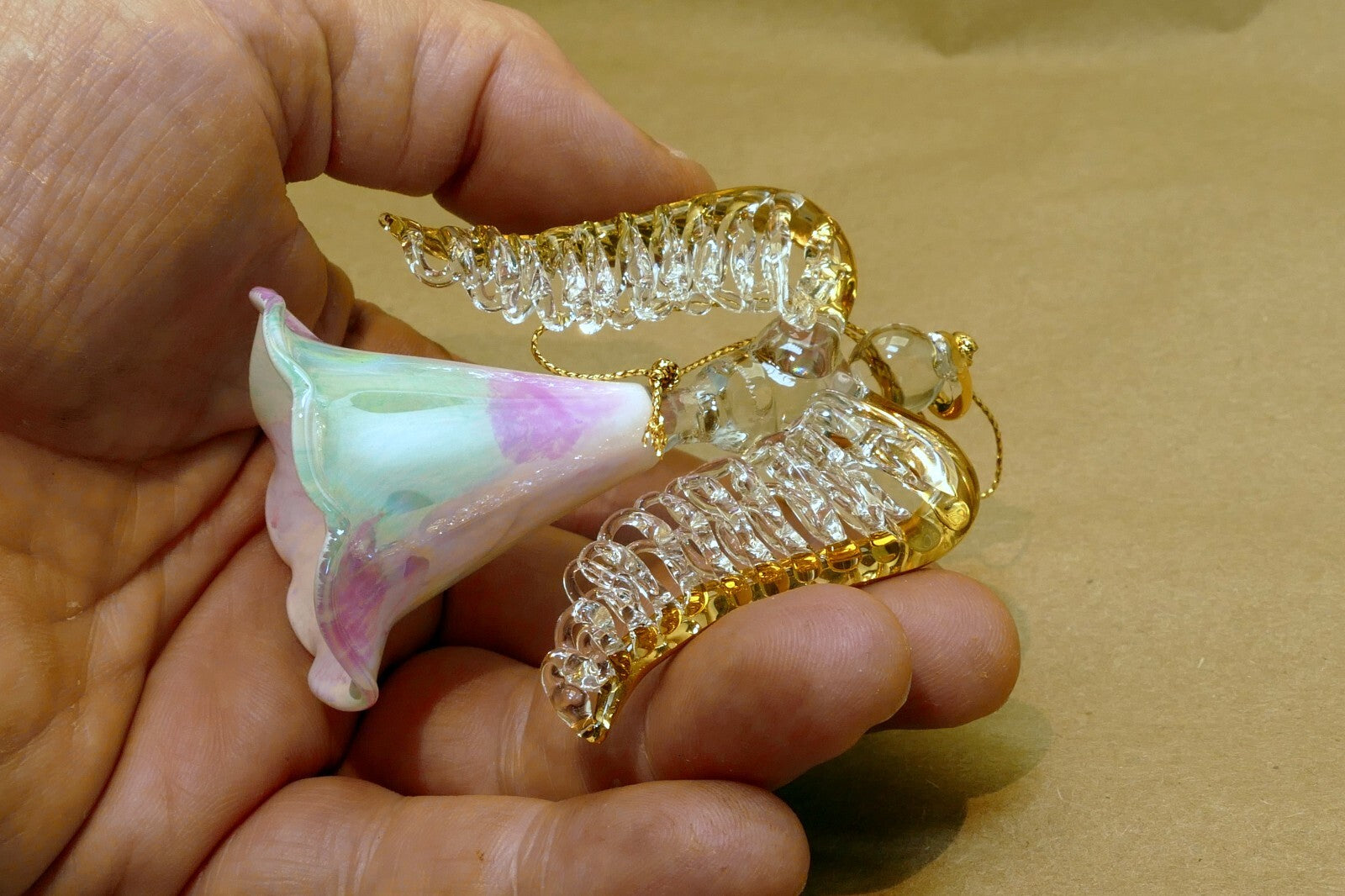 Spun Glass Crystal Christmas Ornament  Angel Gold with trumpet