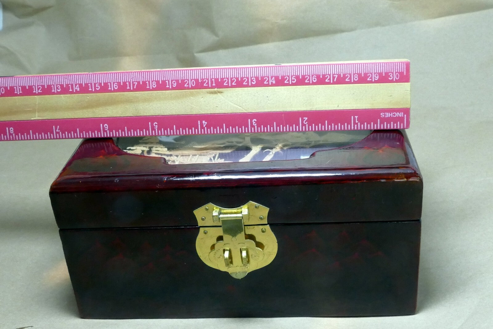 Stork Cork Diorama GLASS Lacquer JEWELRY Hinged Box red Pagoda wedding cranes