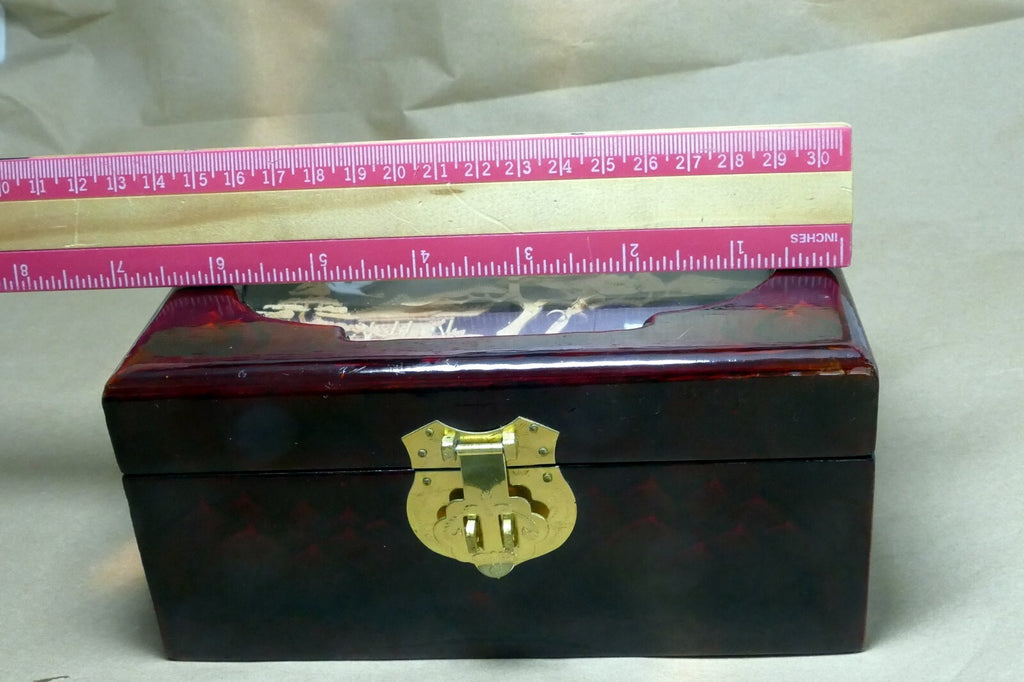 Stork Cork Diorama GLASS Lacquer JEWELRY Hinged Box red Pagoda wedding cranes