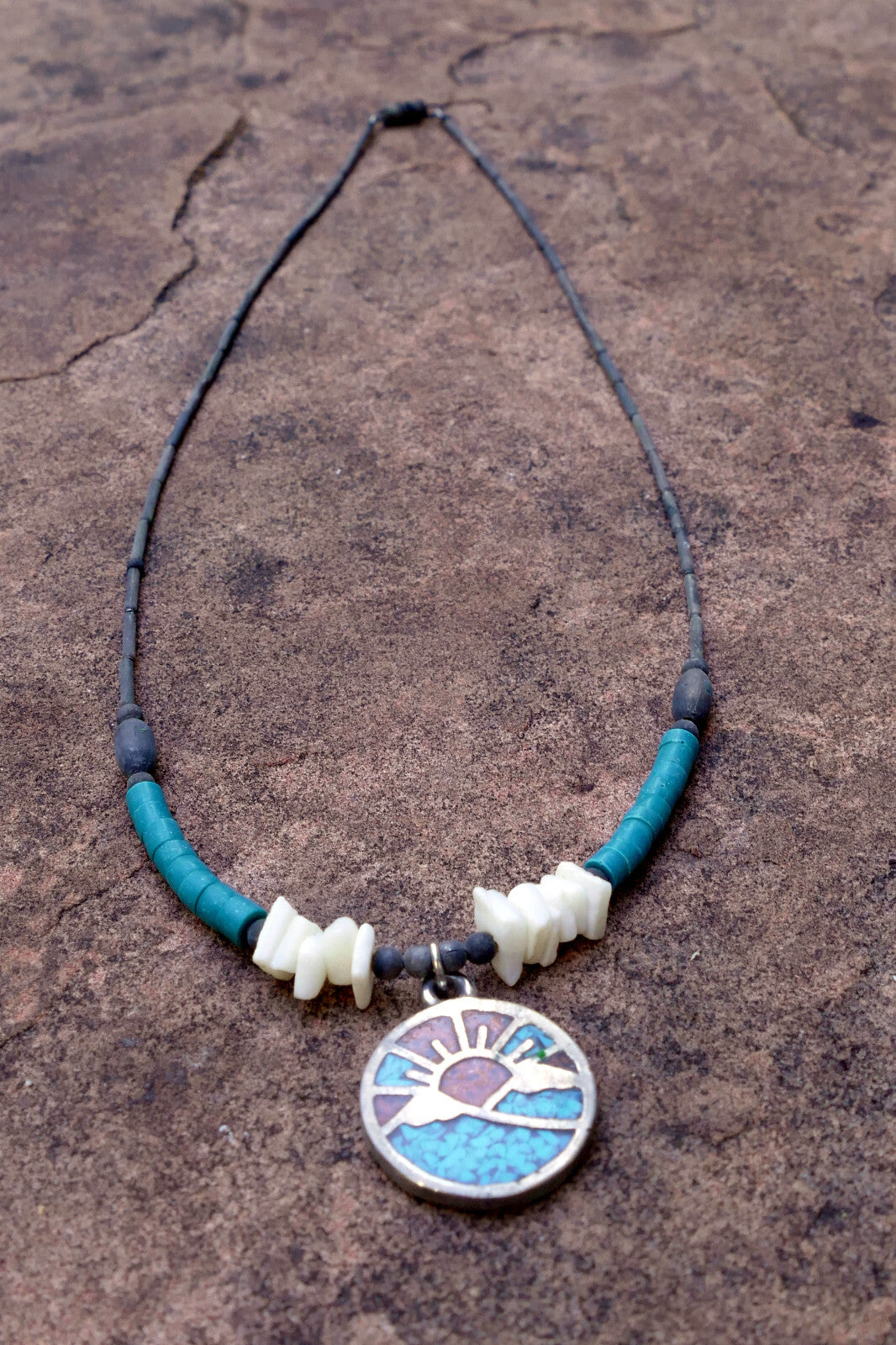Sunrise Brooch Necklace With Inlaid Blue and Red Stones Crushed Tourquise Navajo