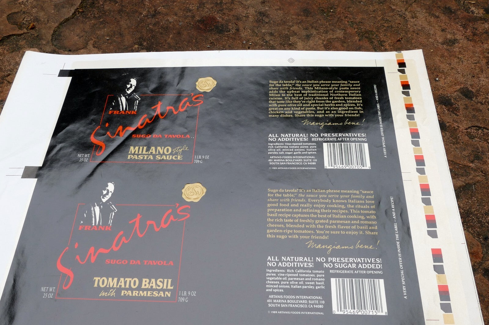 RARE Un-USED 1989 Sugo Da Tavola FRANK SINATRA'S PASTA SAUCE LABEL - set of 3