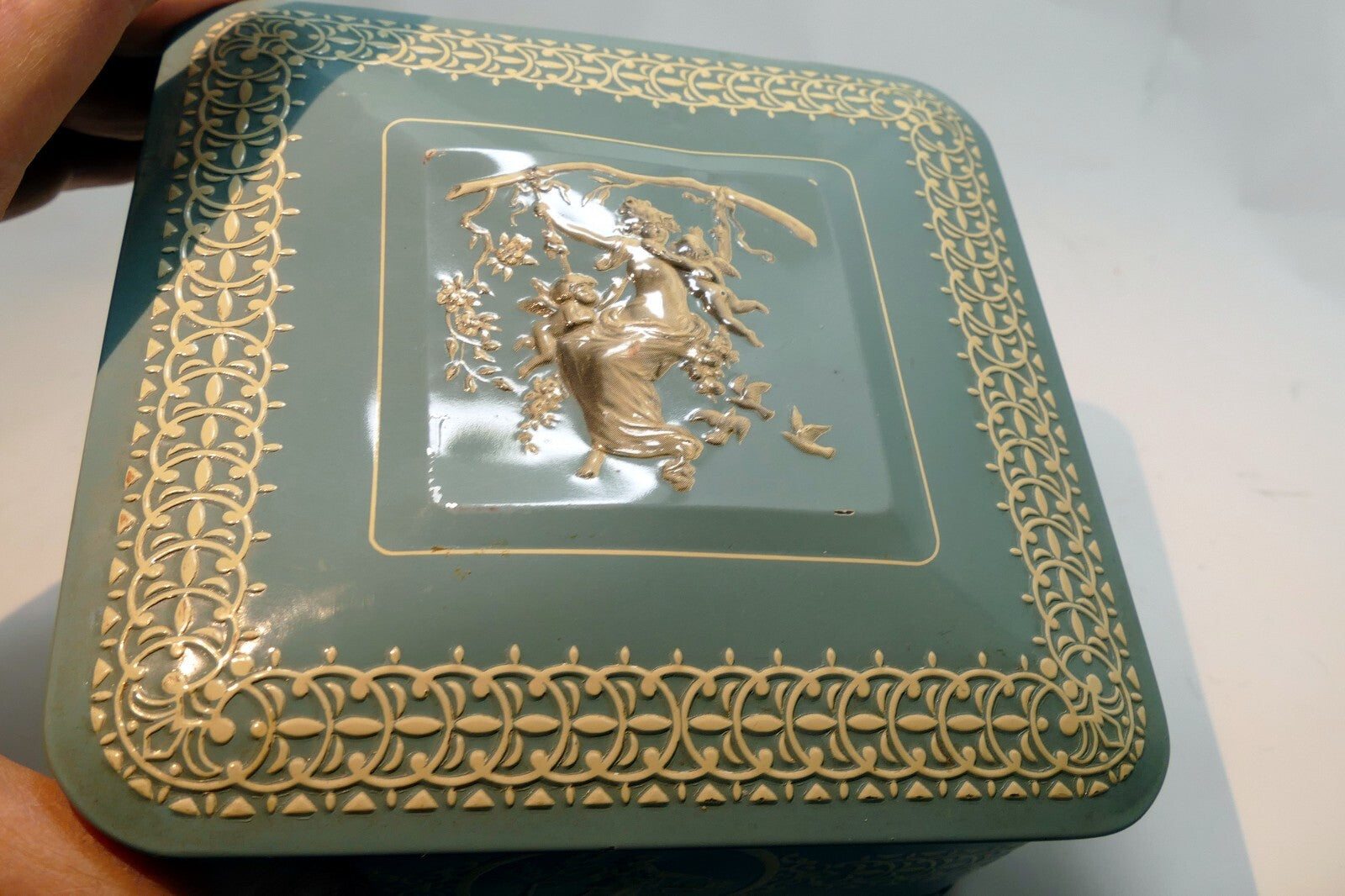 Wedgewood-Style Candy Tin Made in Holland blue teal white  girl with cherubs