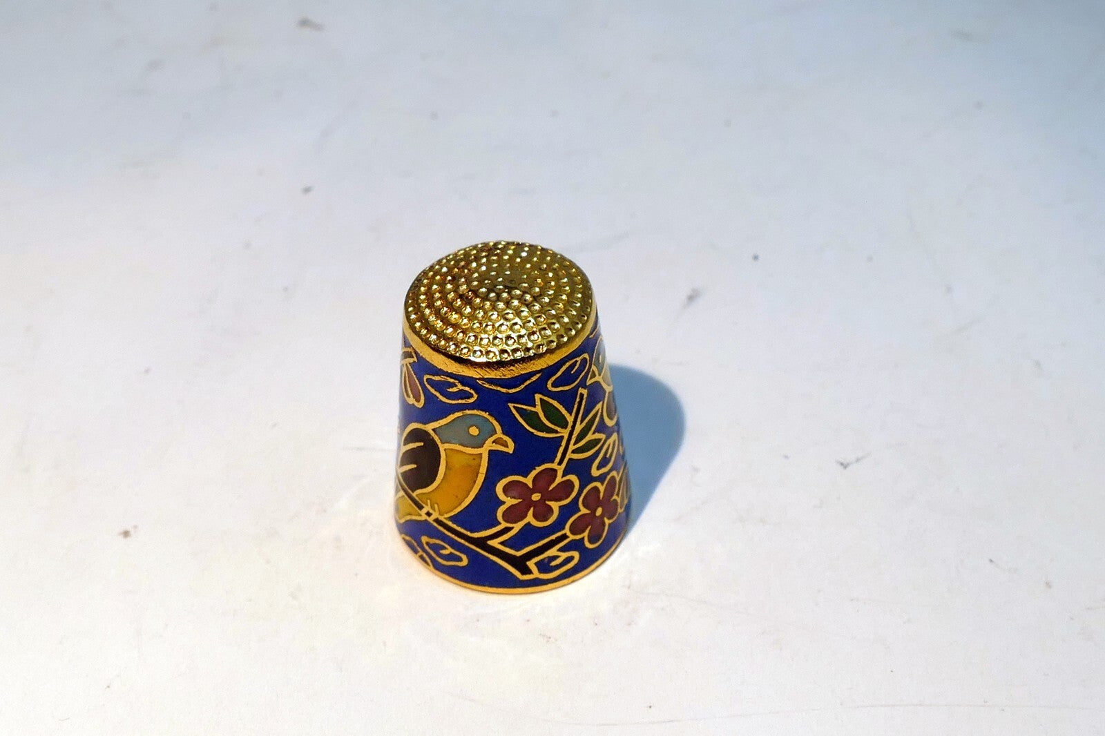 Thimble Souvenir Blue Yellow Bird Floral metal  Cloisonne Brass