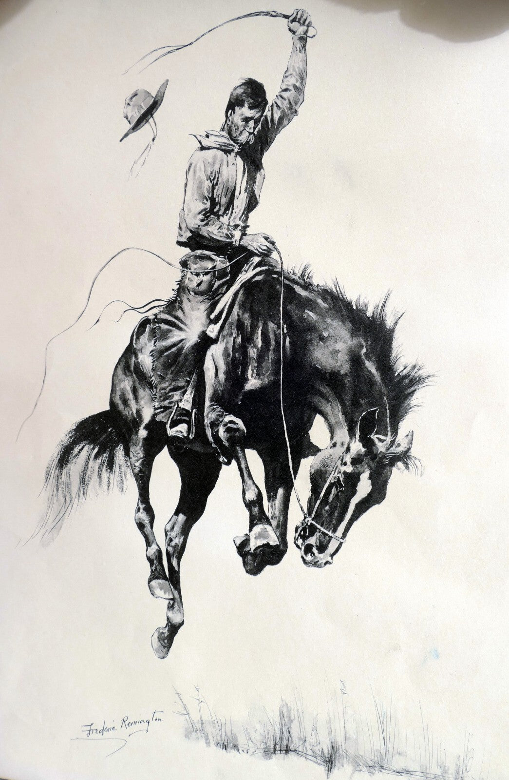 Running bucker signed frederic remington cowboy on a bronco unframed 13x17"