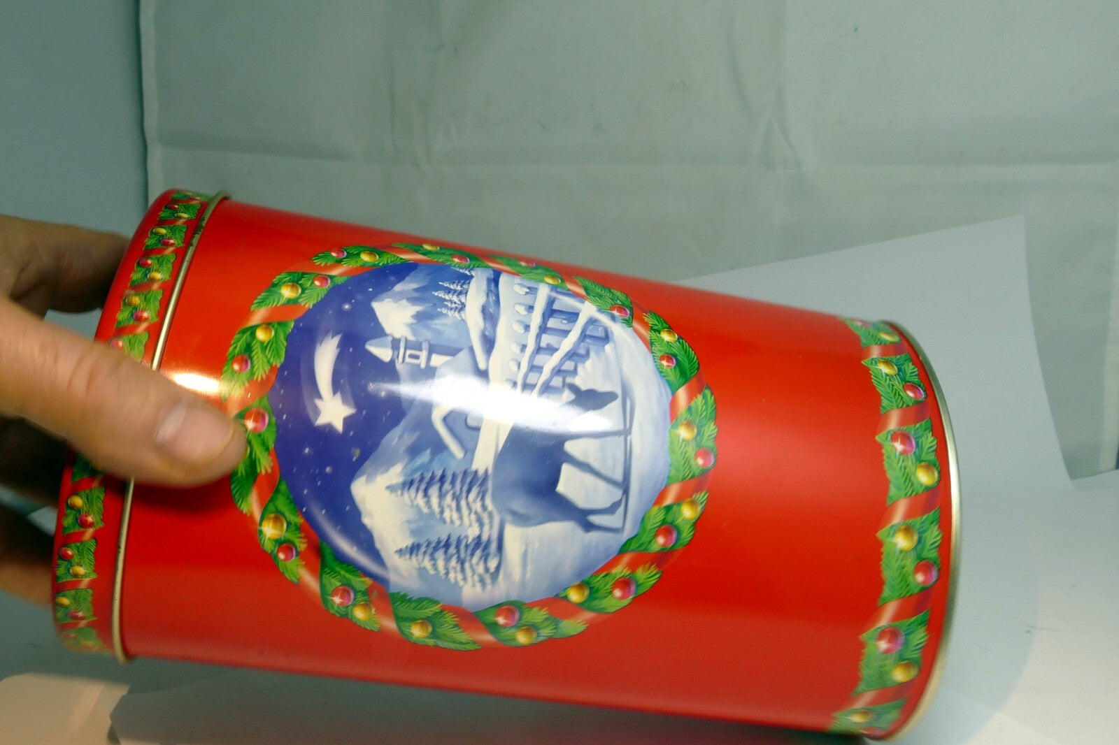 Metal Empty Tin/Container  tall  5X8" Icam Italy  deer Christmas theme chocolate