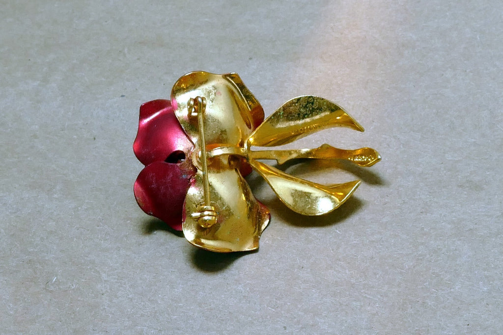 Vintage RED Rose Brooch Pin Brooch 2" long gold tone leaves