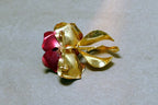 Vintage RED Rose Brooch Pin Brooch 2" long gold tone leaves
