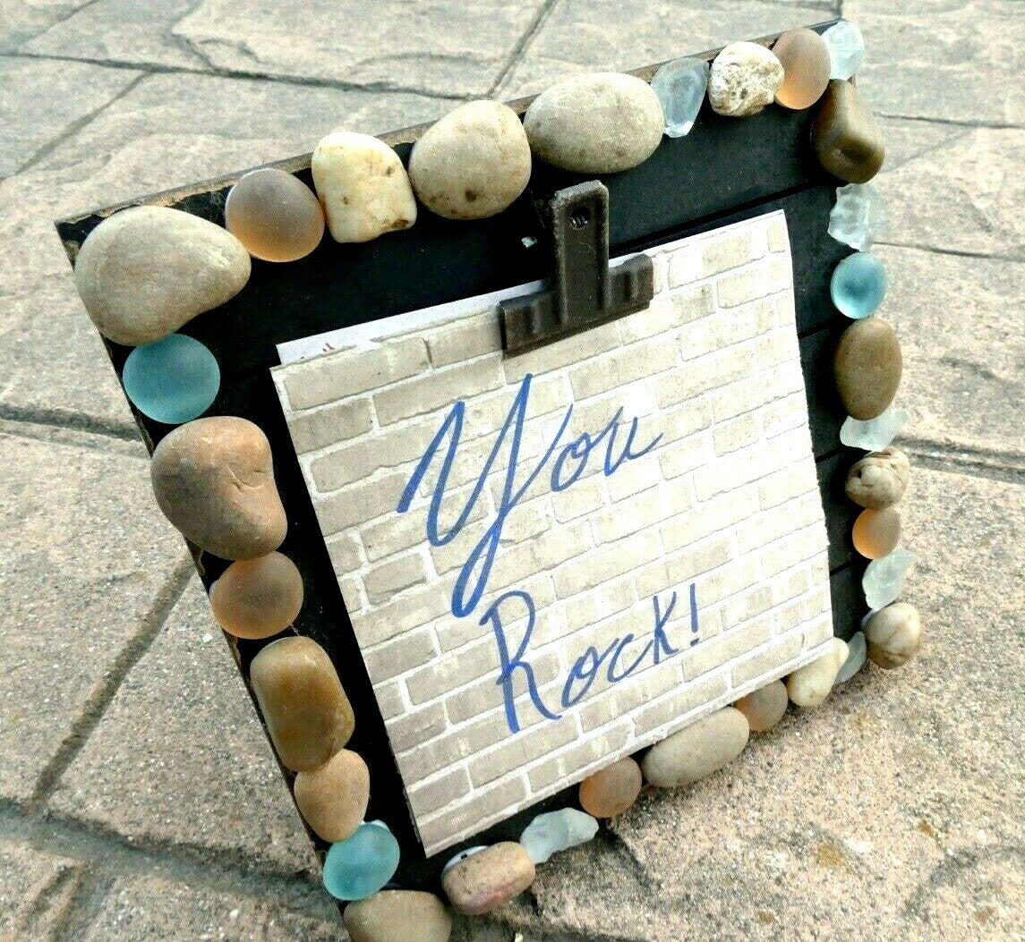 "you rock" picture frame brown real stone pebbles square 8x8" homemade ca usa
