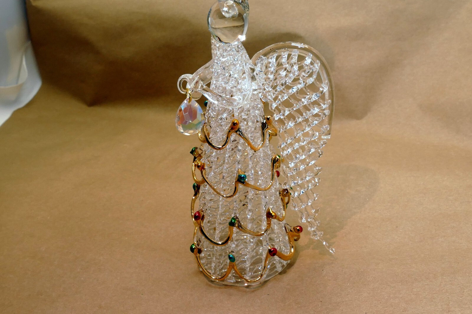 Spun Glass Crystal Christmas Ornament  gold green red hanging 6" tall Angel