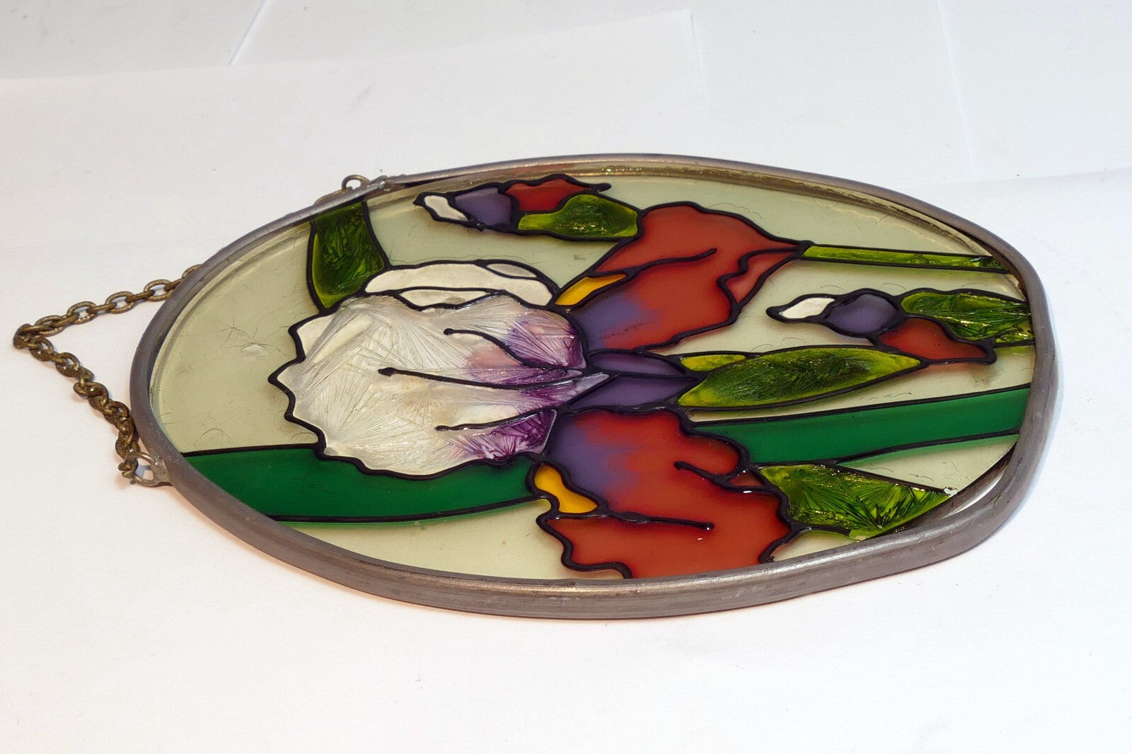 Garden Iris Flowers Stained Glass Suncatcher 5" Oval hanging sun catcher