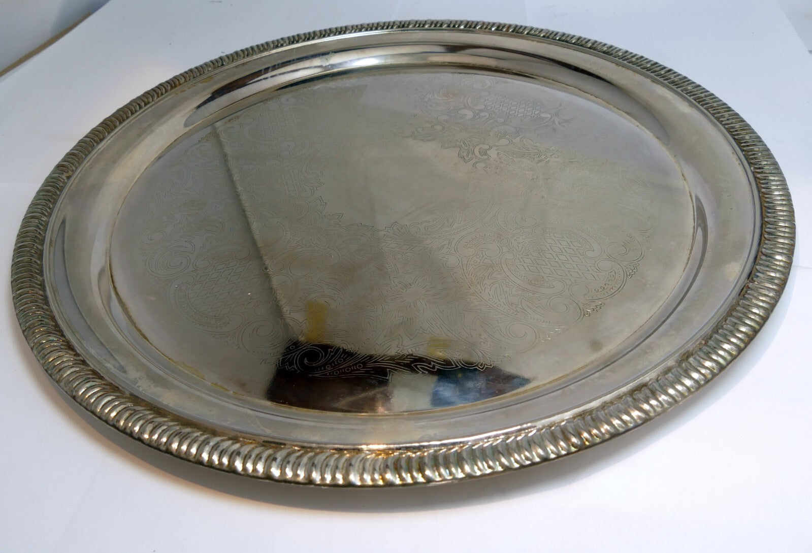 12" silverplate round etched serving tray food platter plate silver plated plate