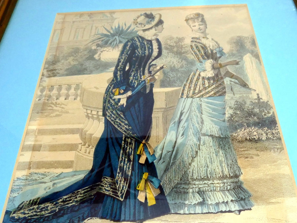 Framed fashion print frank leslie���s lady���s magazine blue yellow 1870's