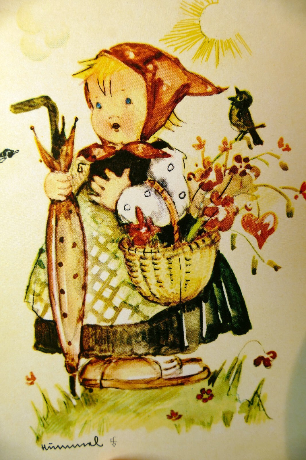 Hummel let's start the party girl birds postcard w. germany art   unposted   mint