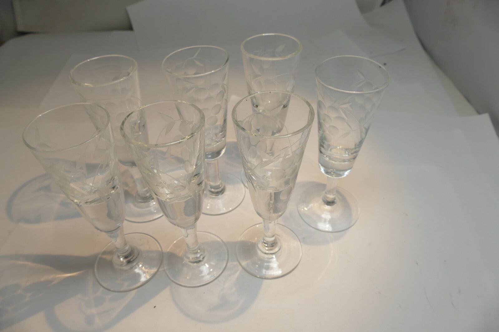Lot of 7 Clear Crystal Goblets Cut Grape Ridges 1 oz Footed  Goblet small  set