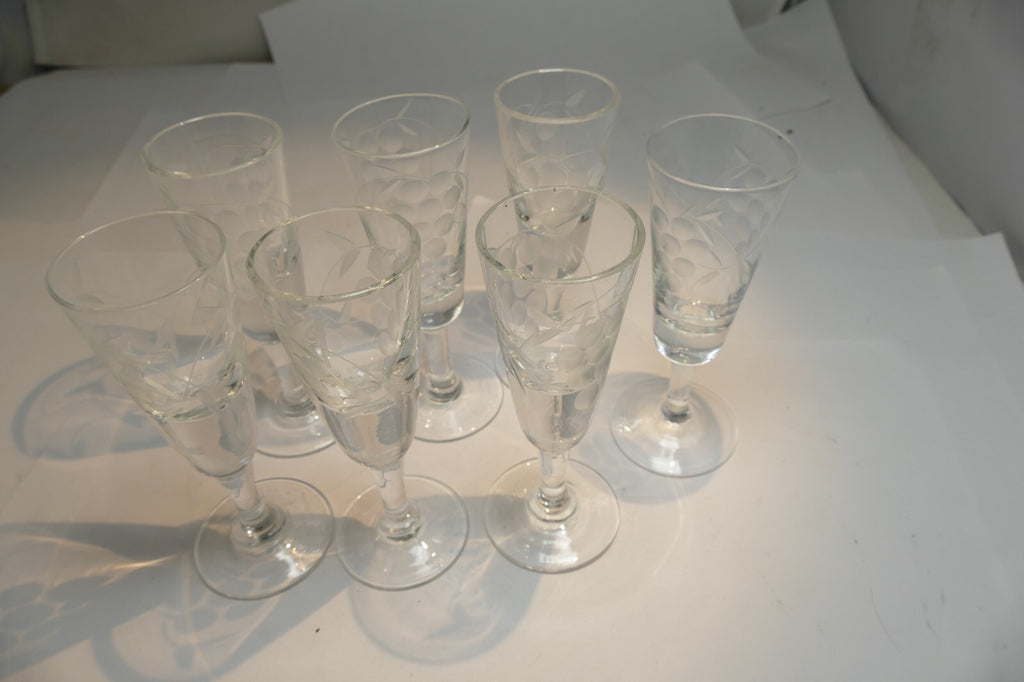 Lot of 7 Clear Crystal Goblets Cut Grape Ridges 1 oz Footed  Goblet small  set