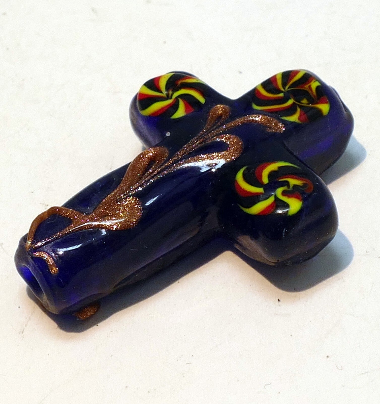 Dark blue venetian glass cross with yellow floral design vintage 3.5cm