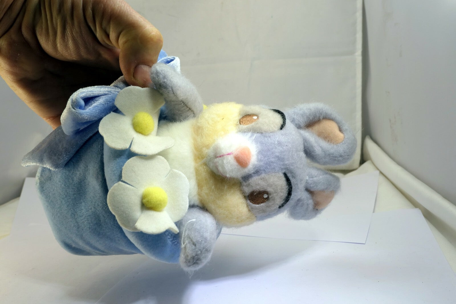 Easter bunny 7" push toy rabbit with white flowers blue hat