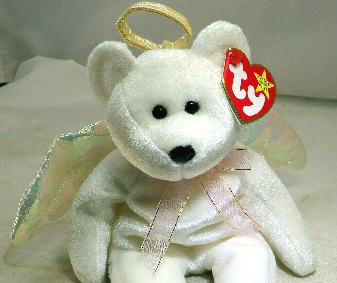 Ty beanie babies halo white teddy bear   mint with tag brown nose black eyes