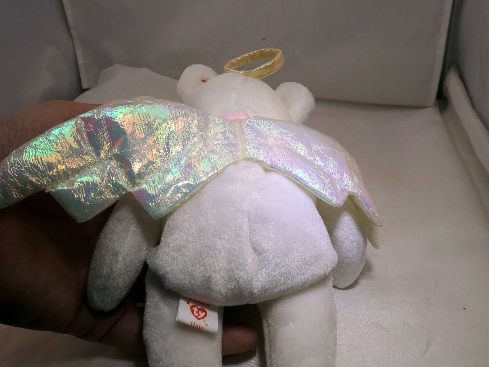 TY Beanie Babies HALO white Teddy Bear - mint with tag Brown nose black eyes