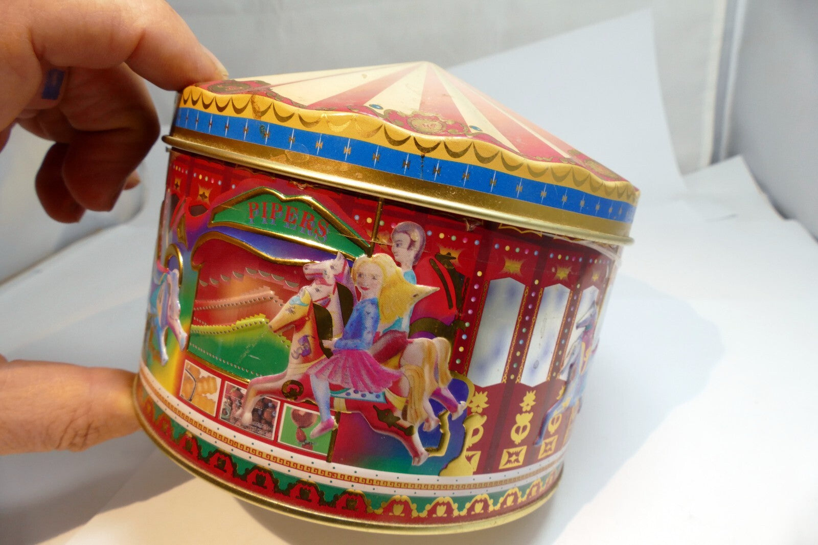 Metal Empty Tin/Container Morris National Toffee Circus carousel girl horse tent