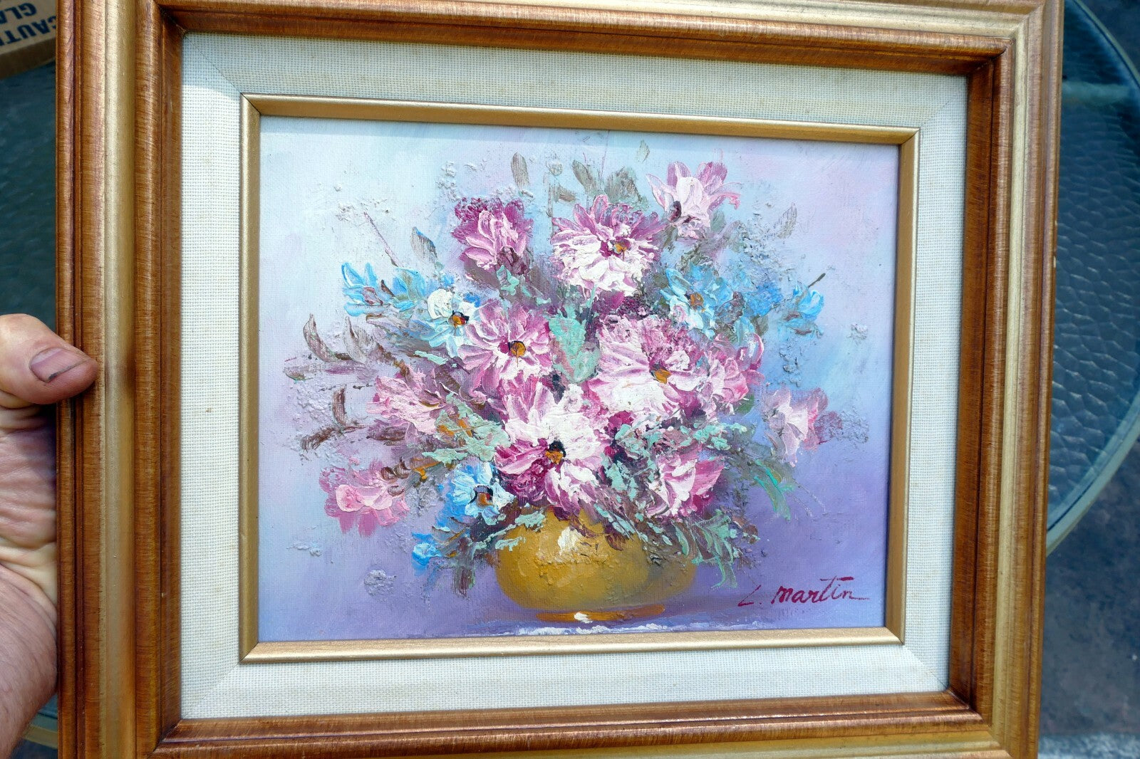 Painting Oil On Canvas L Lupe Martin Pink flowers heavy texture original 8X10"