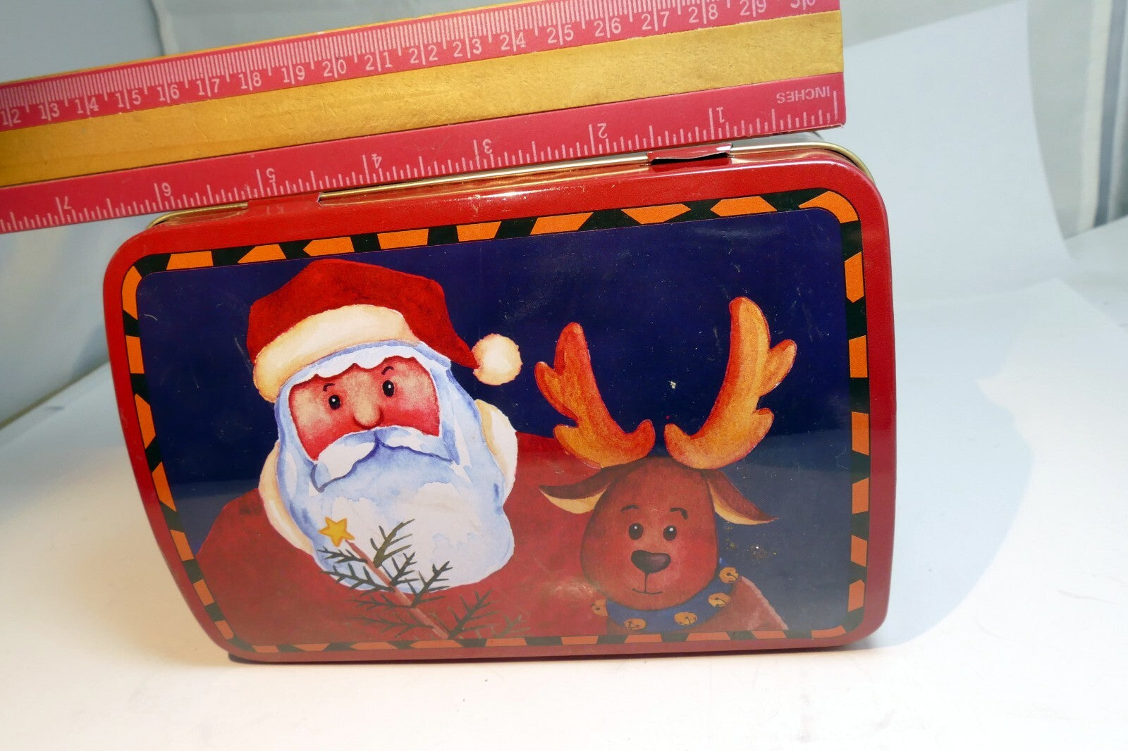 Greenbrier Chocolates Christmas Eve Tin empty container Santa Claus Rudolph Deer