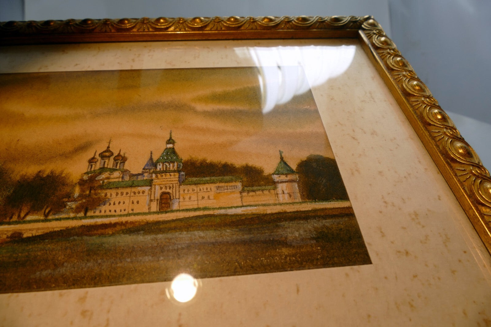 Watercolor Russia village byzantine church Art framed Russia 1990's