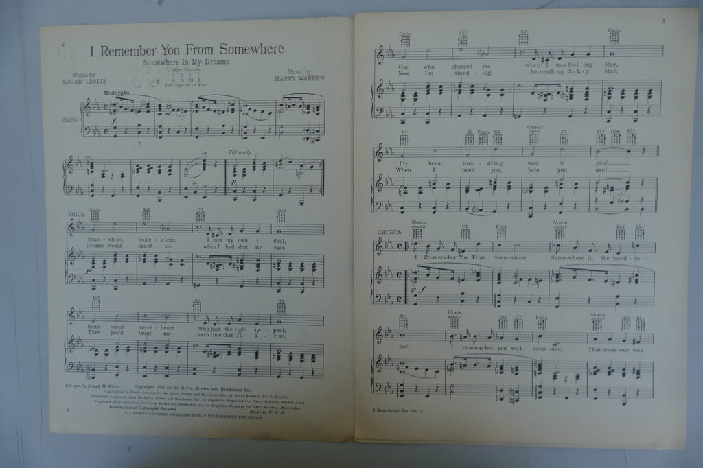 I remember you from somewhere 1930 by Harry Warren and Edgar Leslie