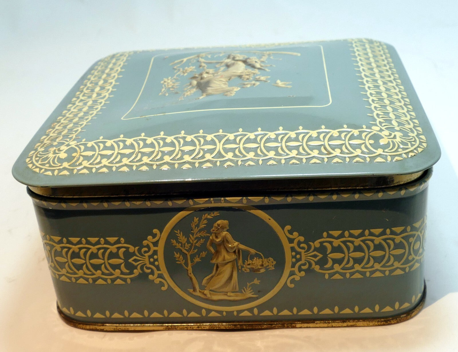 Wedgewood style candy tin made in holland blue teal white girl with cherubs